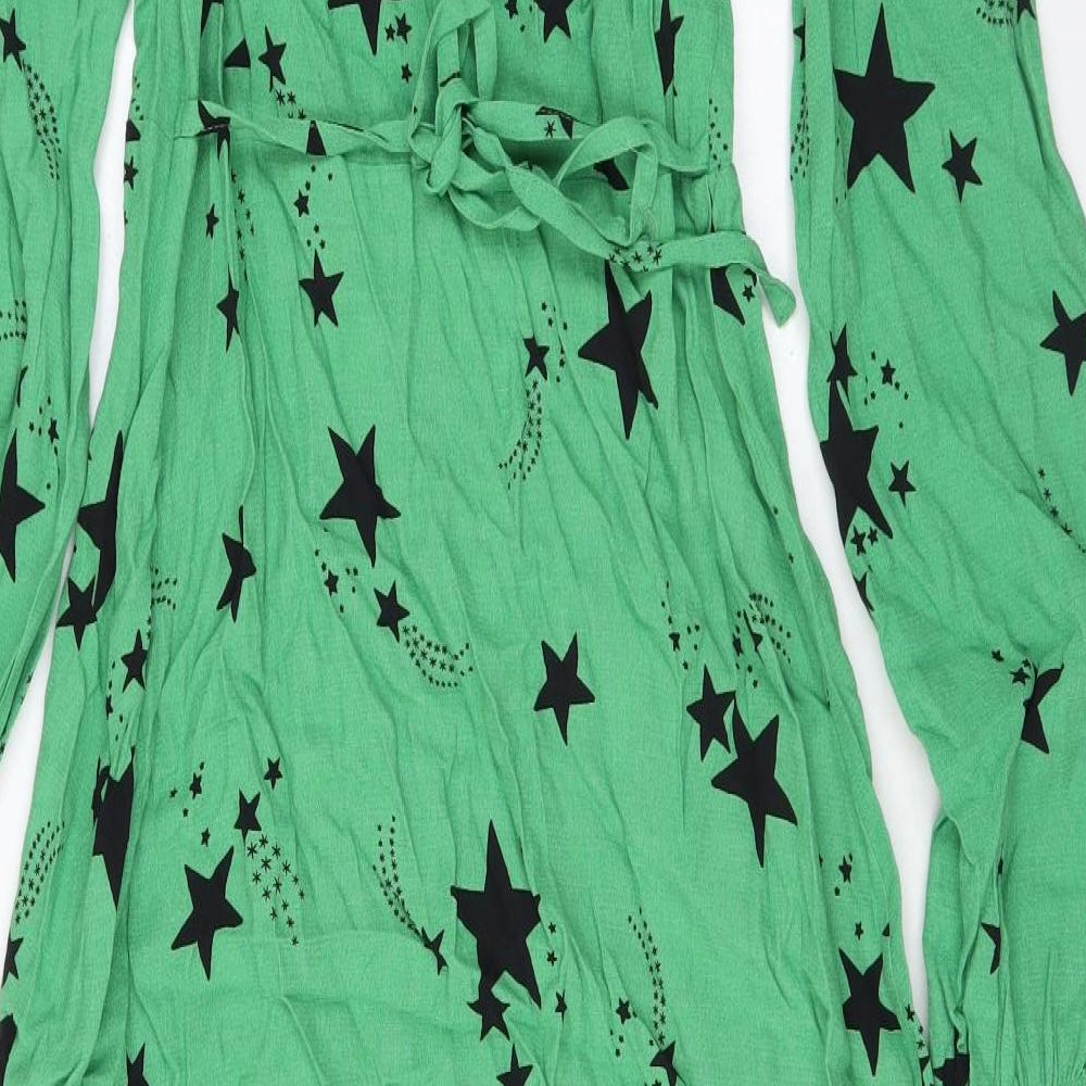 Marks and Spencer Womens Green Geometric Viscose A-Line Size 8 V-Neck Zip - Star print