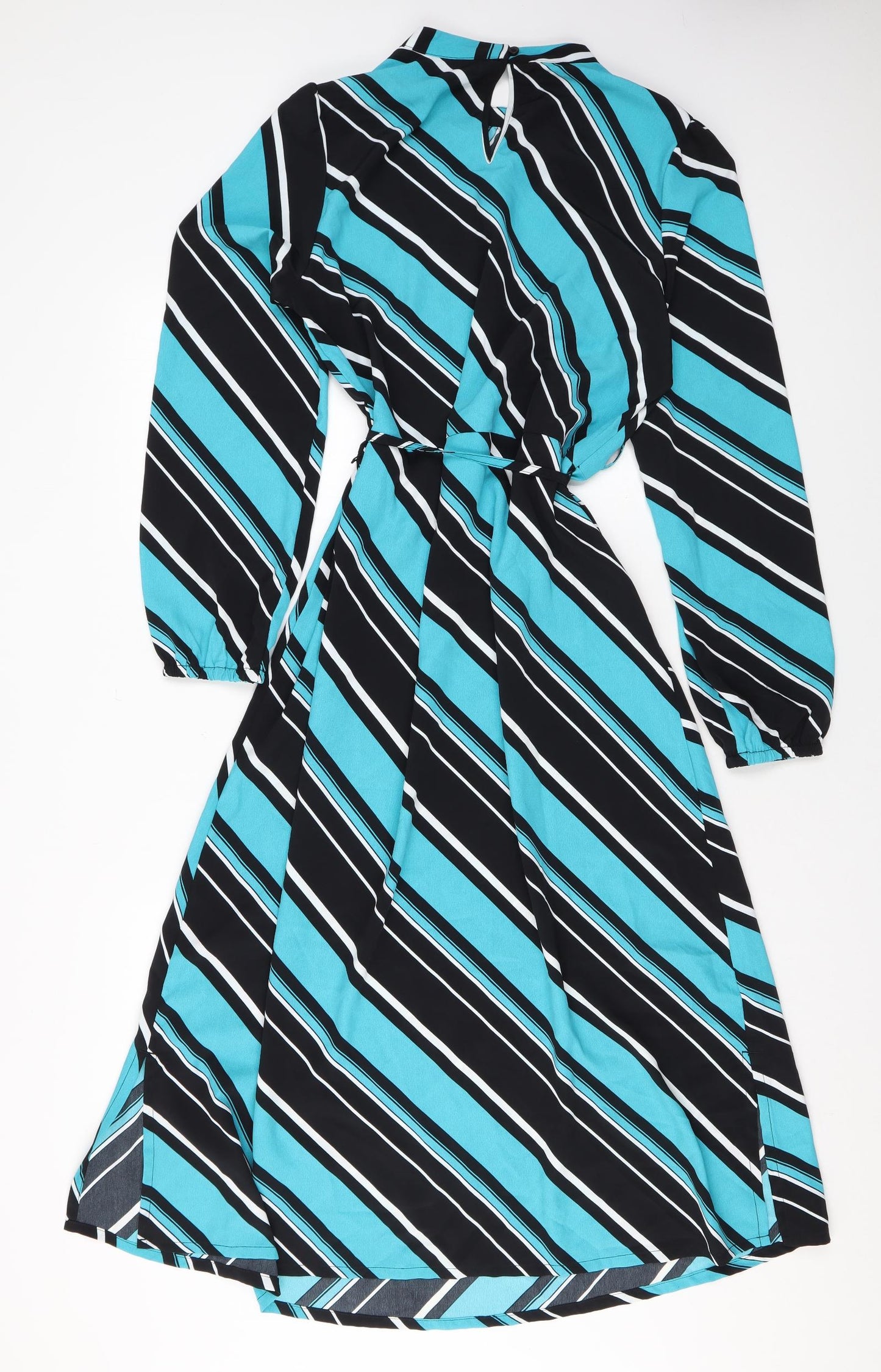 Marks and Spencer Womens Blue Striped Polyester A-Line Size 12 Mock Neck Button