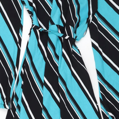 Marks and Spencer Womens Blue Striped Polyester A-Line Size 12 Mock Neck Button