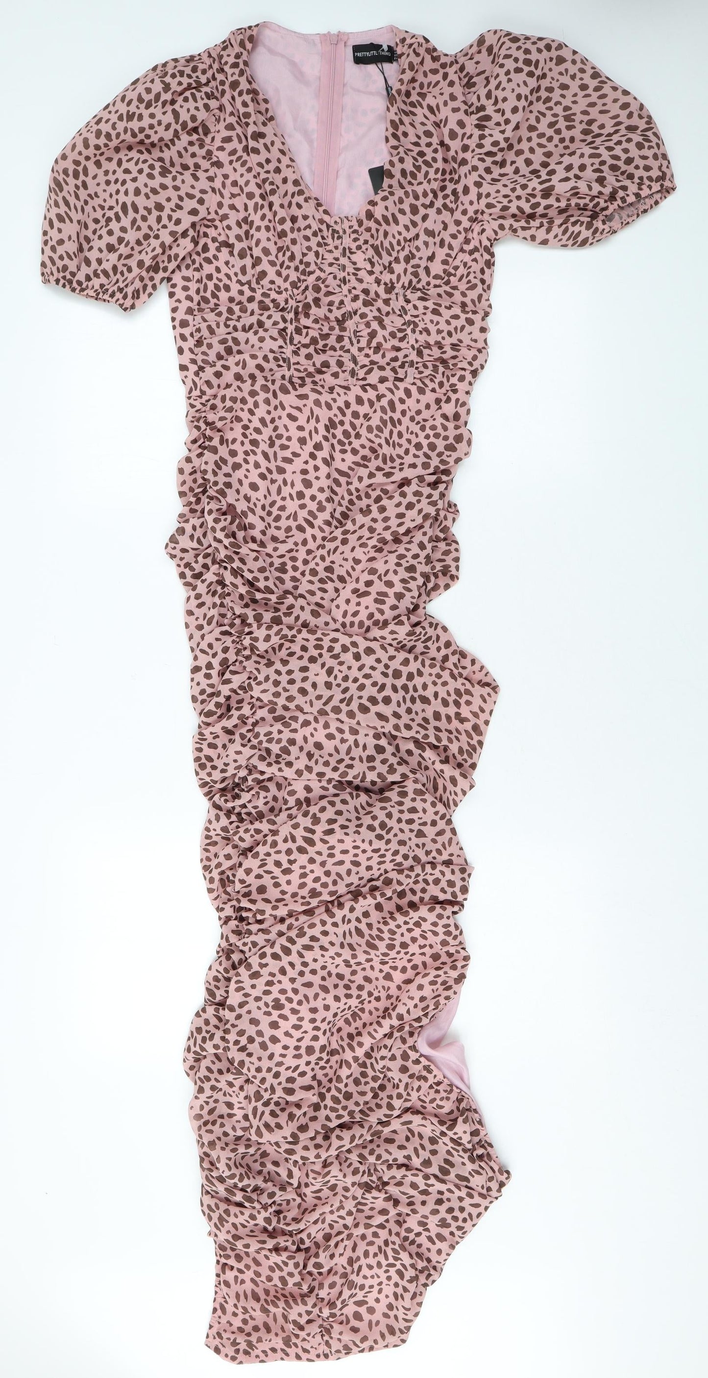 PRETTYLITTLETHING Womens Pink Polka Dot Viscose Bodycon Size 8 V-Neck Zip