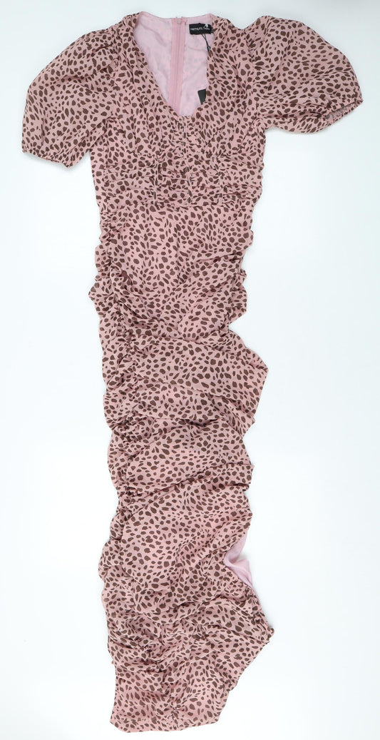 PRETTYLITTLETHING Womens Pink Polka Dot Viscose Bodycon Size 8 V-Neck Zip