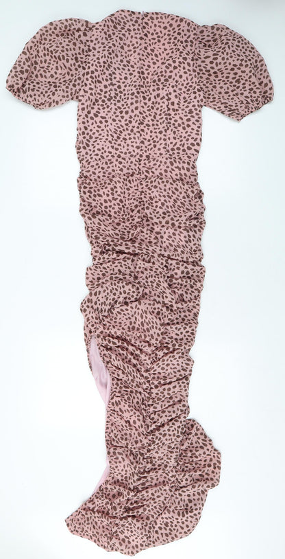 PRETTYLITTLETHING Womens Pink Polka Dot Viscose Bodycon Size 8 V-Neck Zip