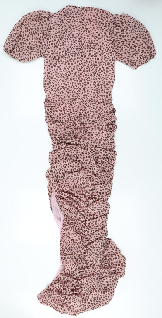 PRETTYLITTLETHING Womens Pink Polka Dot Viscose Bodycon Size 8 V-Neck Zip