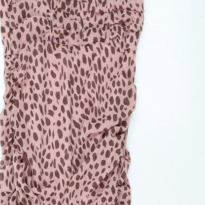 PRETTYLITTLETHING Womens Pink Polka Dot Viscose Bodycon Size 8 V-Neck Zip