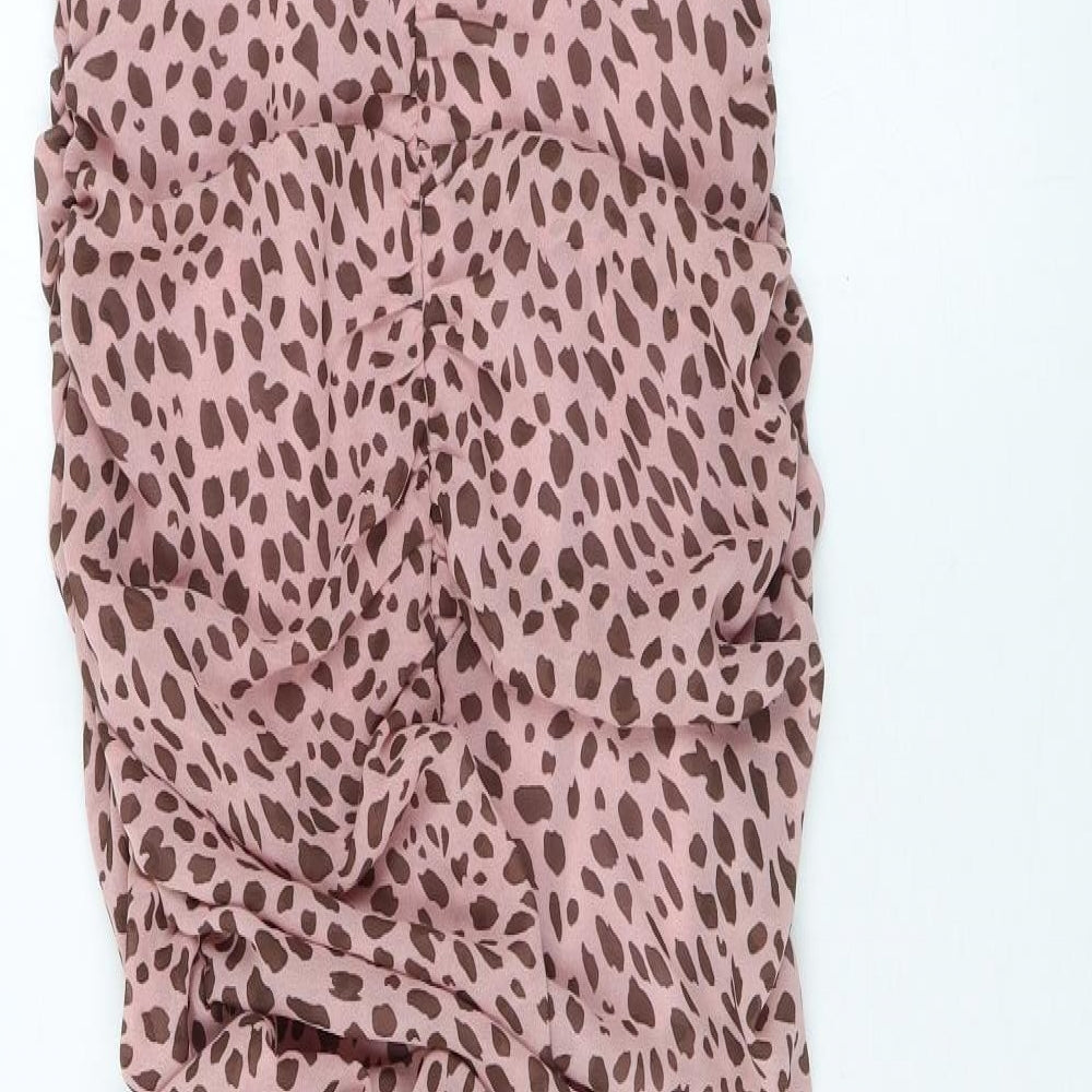 PRETTYLITTLETHING Womens Pink Polka Dot Viscose Bodycon Size 8 V-Neck Zip