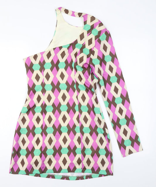 Zara Womens Multicoloured Geometric Polyester Mini Size S One Shoulder Zip