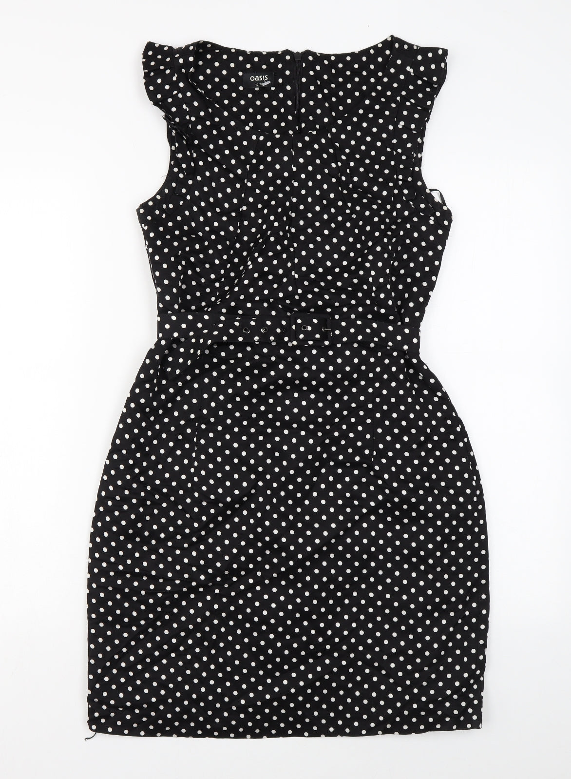 Oasis Womens Black Polka Dot Viscose Mini Size 10 Round Neck Zip