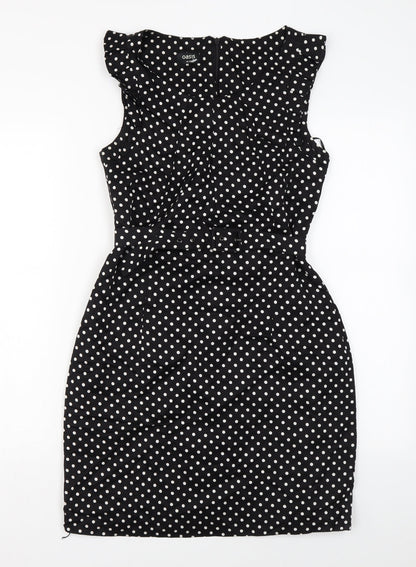 Oasis Womens Black Polka Dot Viscose Mini Size 10 Round Neck Zip