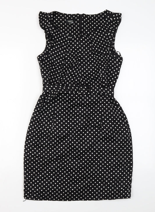 Oasis Womens Black Polka Dot Viscose Mini Size 10 Round Neck Zip