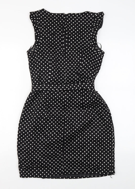Oasis Womens Black Polka Dot Viscose Mini Size 10 Round Neck Zip