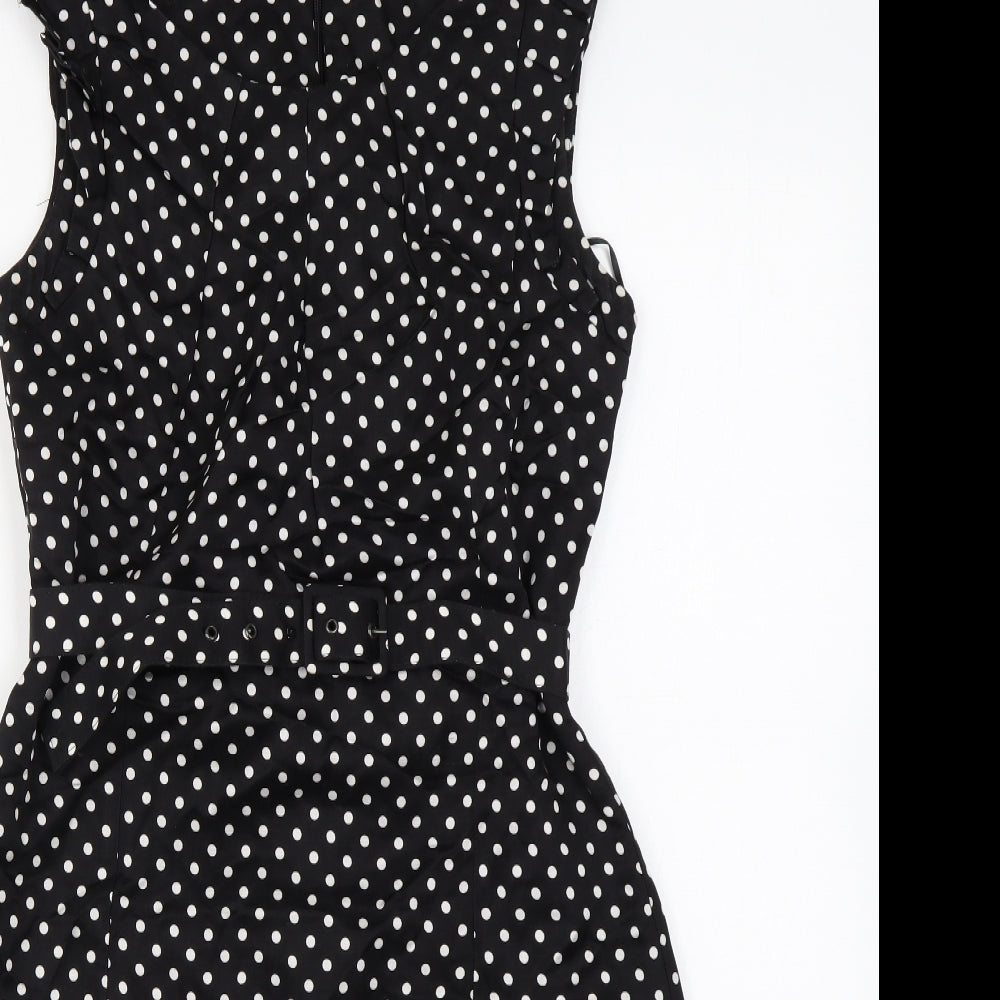 Oasis Womens Black Polka Dot Viscose Mini Size 10 Round Neck Zip