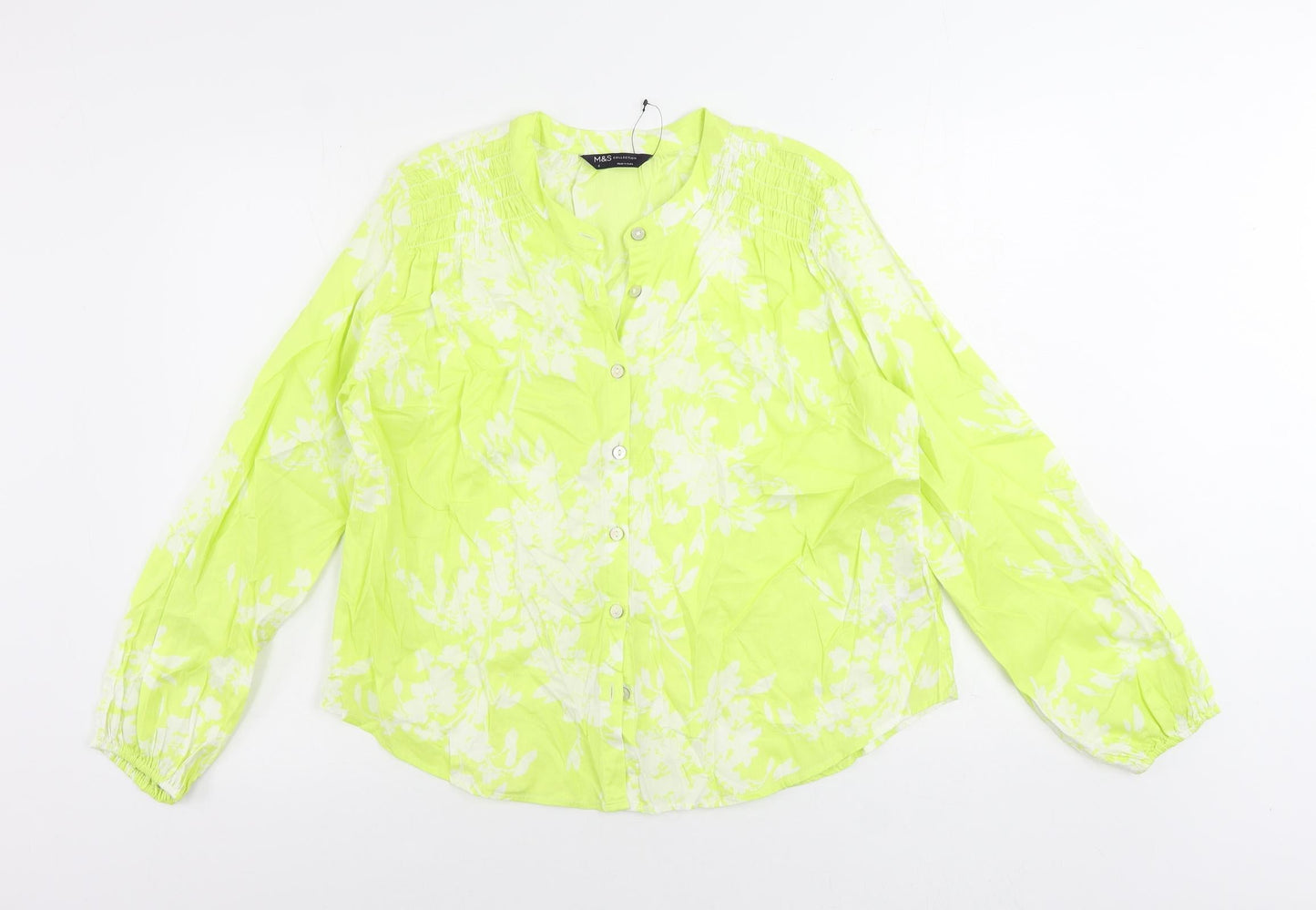 Marks and Spencer Womens Yellow Floral Cotton Basic Button-Up Size 6 V-Neck