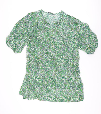 Marks and Spencer Womens Green Floral Viscose Shift Size 14 V-Neck Pullover