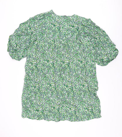 Marks and Spencer Womens Green Floral Viscose Shift Size 14 V-Neck Pullover