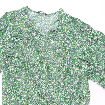 Marks and Spencer Womens Green Floral Viscose Shift Size 14 V-Neck Pullover