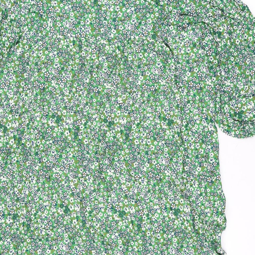 Marks and Spencer Womens Green Floral Viscose Shift Size 14 V-Neck Pullover