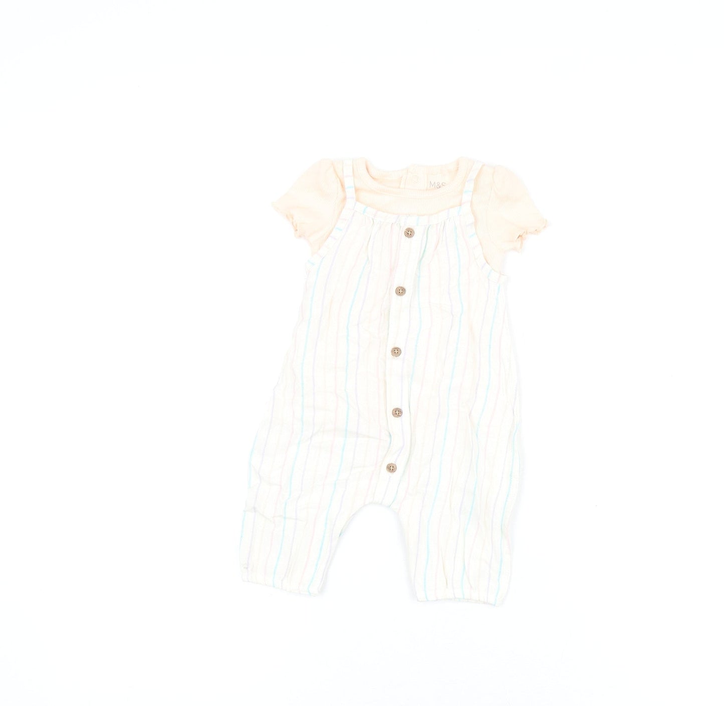 Marks and Spencer Girls Pink Striped Viscose Dungaree Outfit/Set Size 0-3 Months Button
