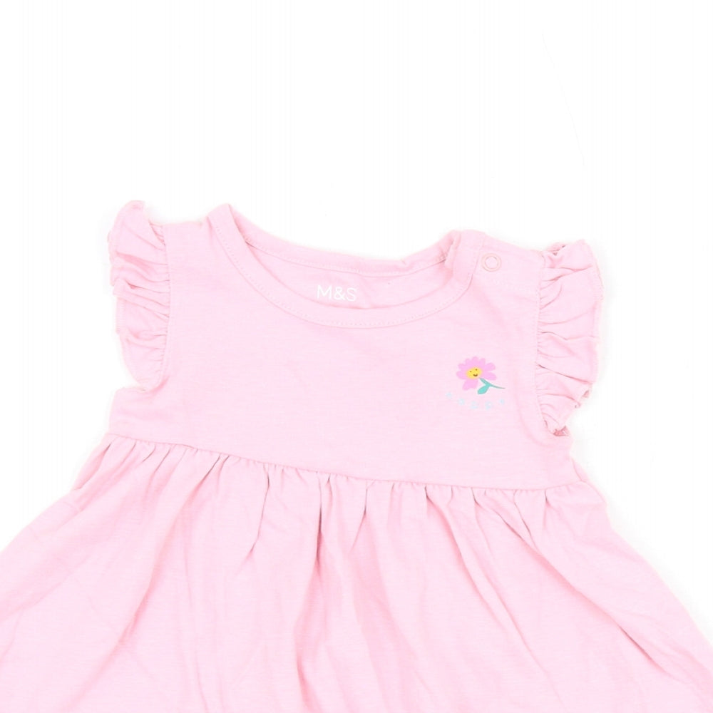Marks and Spencer Girls Pink Cotton A-Line Size 3-6 Months Round Neck Snap
