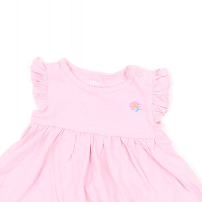 Marks and Spencer Girls Pink Cotton A-Line Size 3-6 Months Round Neck Snap