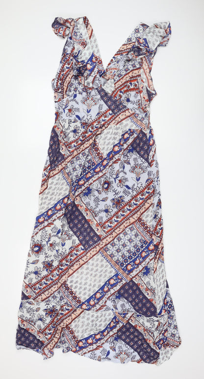 Kings Road Womens Multicoloured Geometric Cotton A-Line Size L V-Neck Pullover
