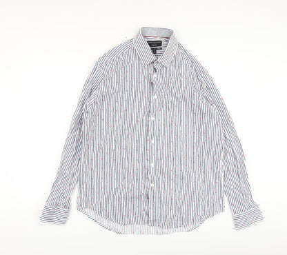 Report Collection Mens Blue Striped Cotton Button-Up Size L Collared Button