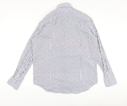 Report Collection Mens Blue Striped Cotton Button-Up Size L Collared Button