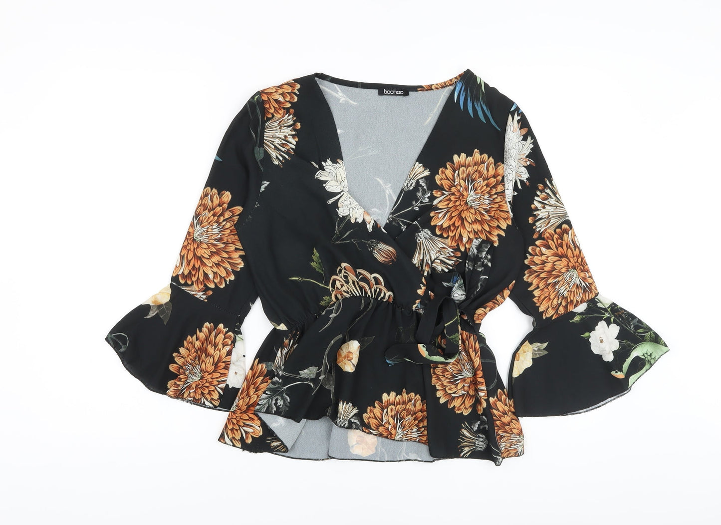 Boohoo Womens Black Floral Polyester Wrap Blouse Size 10 V-Neck