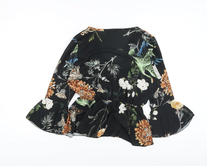 Boohoo Womens Black Floral Polyester Wrap Blouse Size 10 V-Neck
