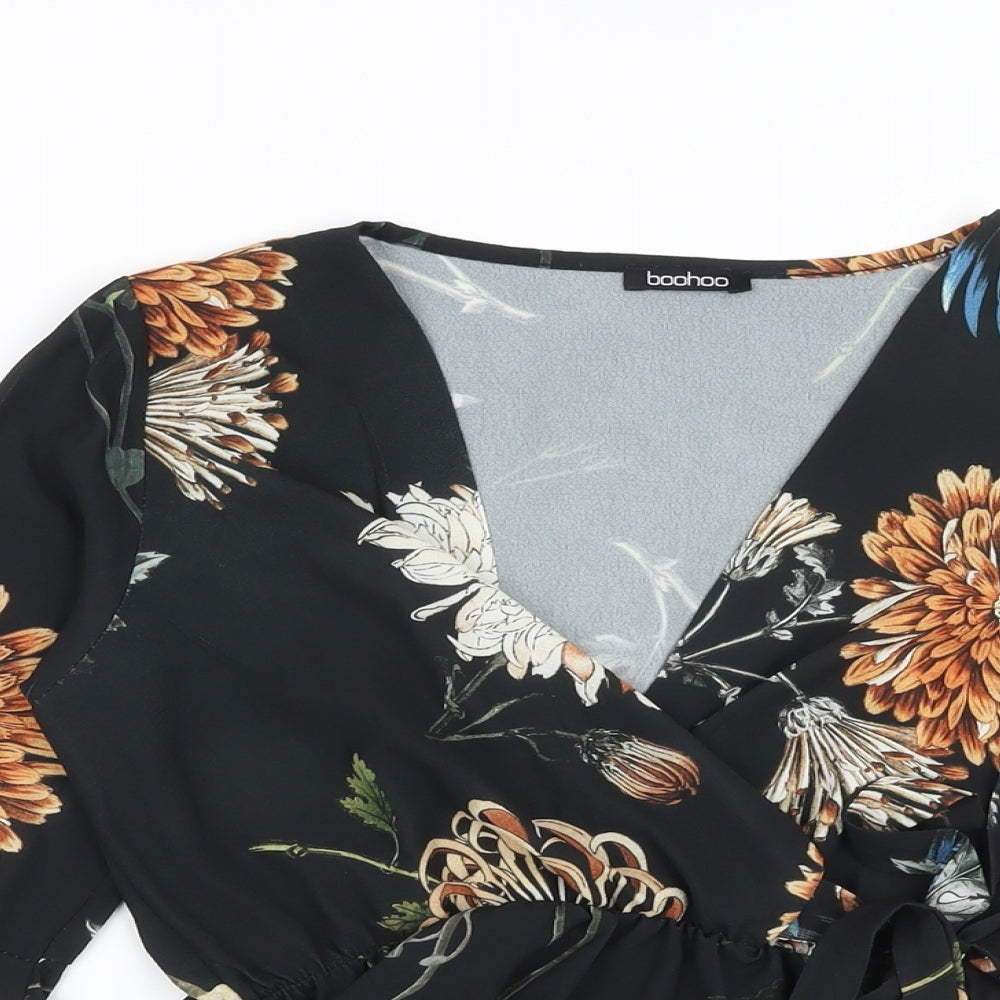 Boohoo Womens Black Floral Polyester Wrap Blouse Size 10 V-Neck