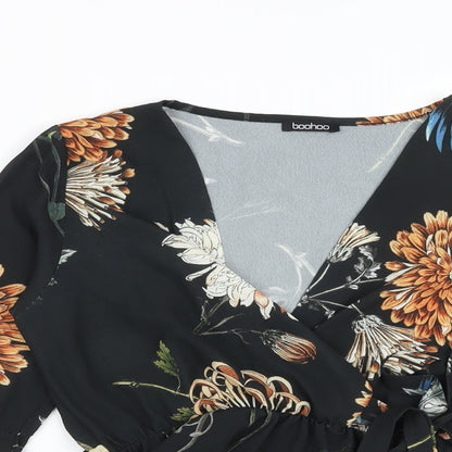 Boohoo Womens Black Floral Polyester Wrap Blouse Size 10 V-Neck
