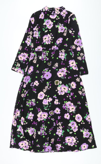 Marks and Spencer Womens Black Floral Polyester A-Line Size 8 Mock Neck Zip