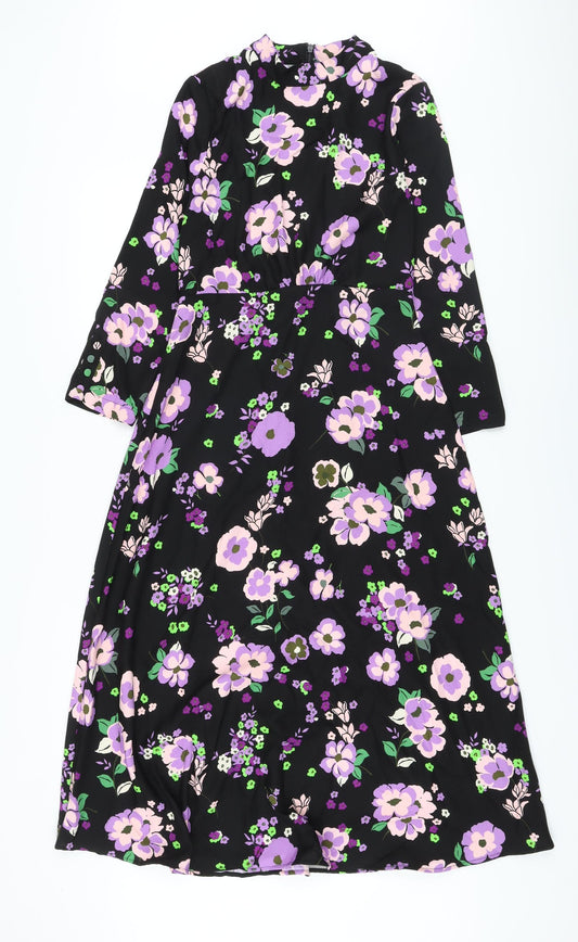 Marks and Spencer Womens Black Floral Polyester A-Line Size 8 Mock Neck Zip