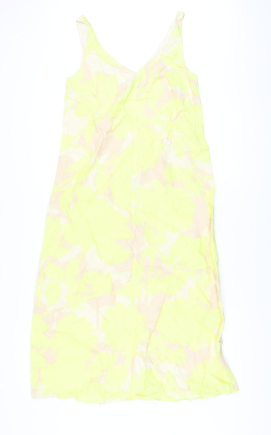 Marks and Spencer Womens Yellow Geometric Linen A-Line Size 6 V-Neck Pullover