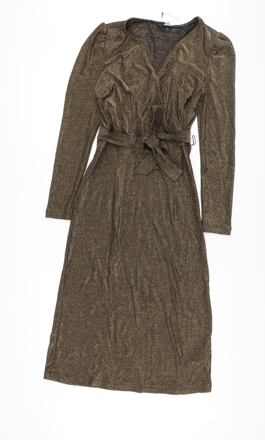 Marks and Spencer Womens Gold Polyamide Sheath Size 6 V-Neck Pullover