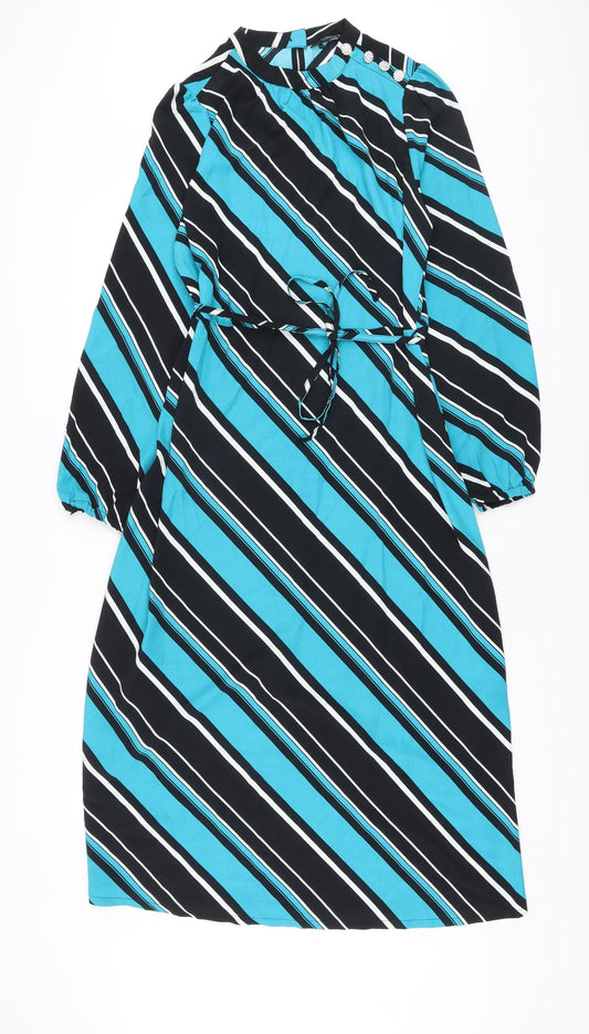 Marks and Spencer Womens Blue Striped Polyester A-Line Size 8 Mock Neck Button