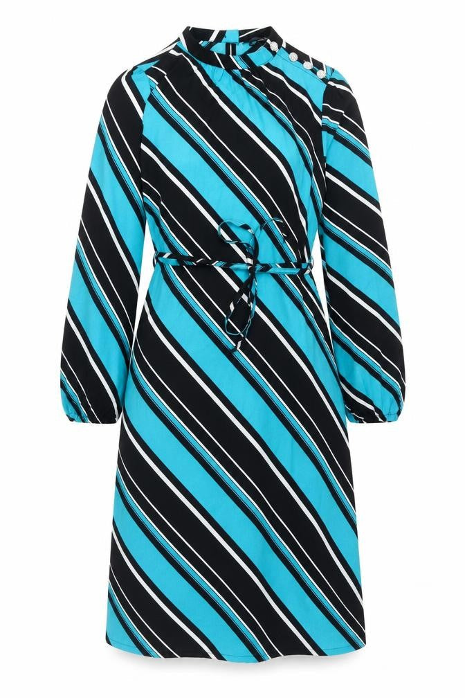 Marks and Spencer Womens Blue Striped Polyester A-Line Size 8 Mock Neck Button