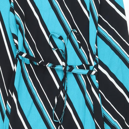 Marks and Spencer Womens Blue Striped Polyester A-Line Size 8 Mock Neck Button