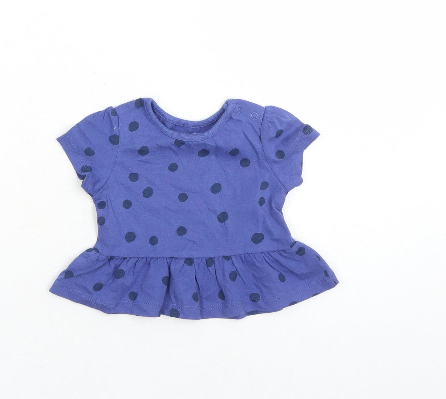 Marks and Spencer Girls Blue Polka Dot 100% Cotton Basic T-Shirt Size 0-3 Months Round Neck Snap