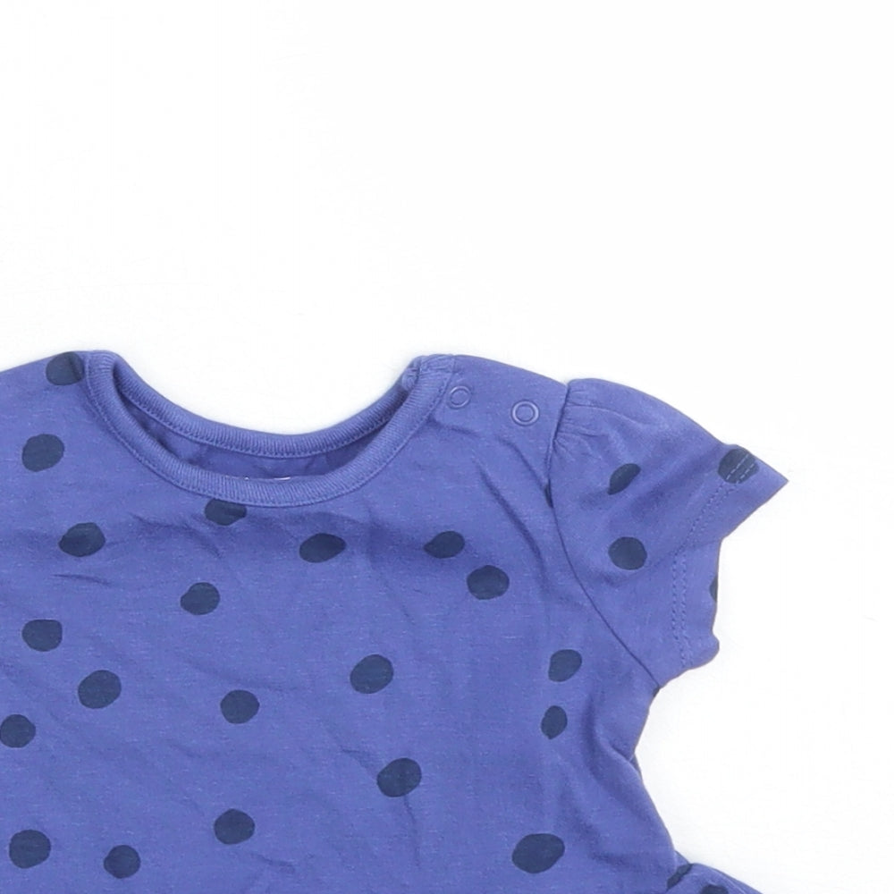 Marks and Spencer Girls Blue Polka Dot 100% Cotton Basic T-Shirt Size 0-3 Months Round Neck Snap