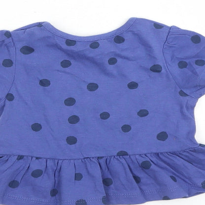 Marks and Spencer Girls Blue Polka Dot 100% Cotton Basic T-Shirt Size 0-3 Months Round Neck Snap