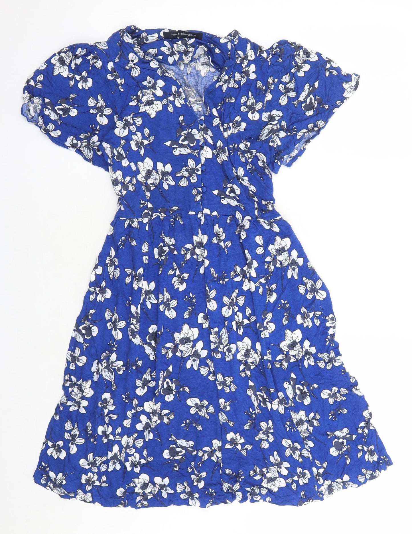 French Connection Womens Blue Floral Polyester A-Line Size 10 V-Neck Pullover