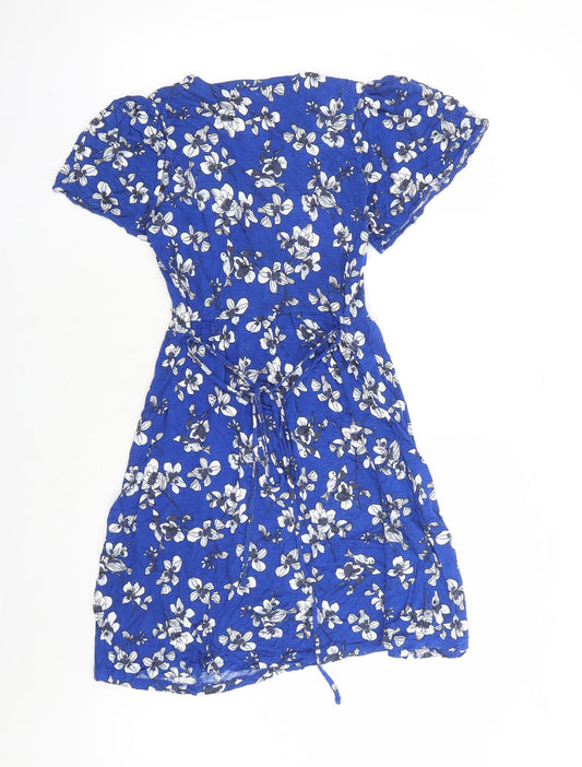 French Connection Womens Blue Floral Polyester A-Line Size 10 V-Neck Pullover