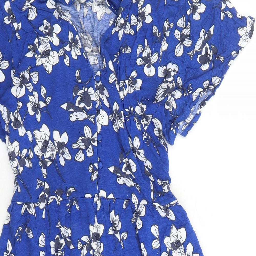 French Connection Womens Blue Floral Polyester A-Line Size 10 V-Neck Pullover