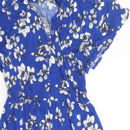 French Connection Womens Blue Floral Polyester A-Line Size 10 V-Neck Pullover