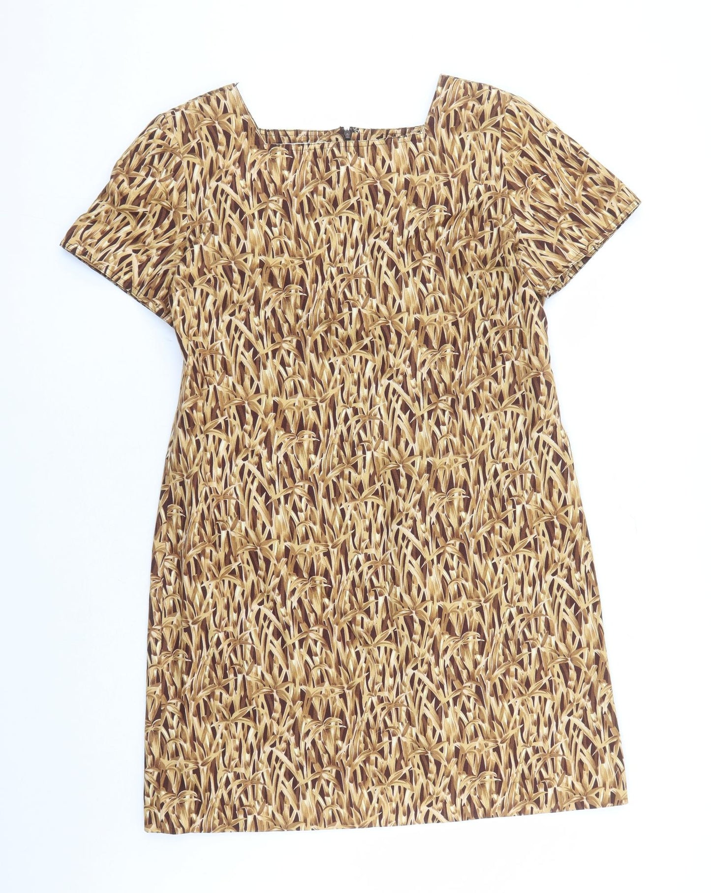 Evan Picone Womens Brown Geometric Cotton A-Line Size 14 Square Neck Zip