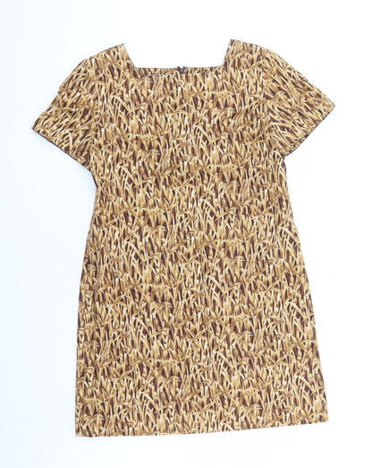 Evan Picone Womens Brown Geometric Cotton A-Line Size 14 Square Neck Zip