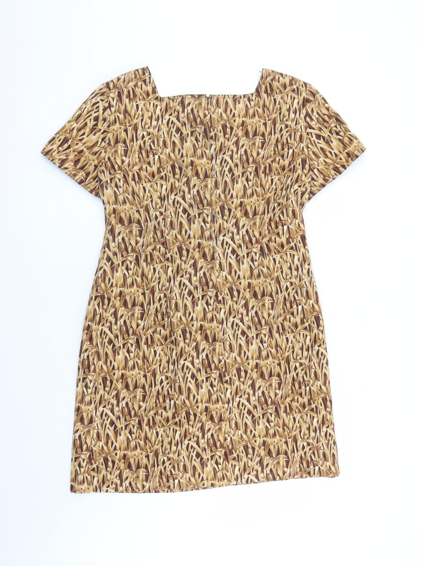 Evan Picone Womens Brown Geometric Cotton A-Line Size 14 Square Neck Zip