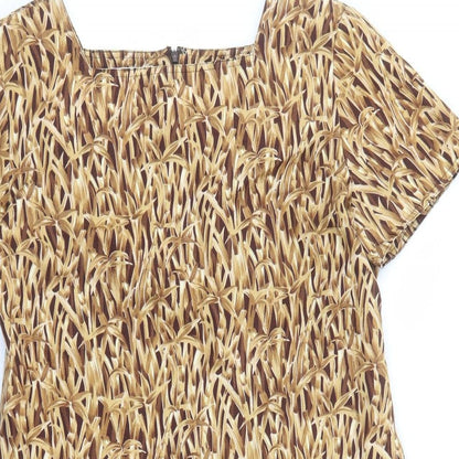 Evan Picone Womens Brown Geometric Cotton A-Line Size 14 Square Neck Zip
