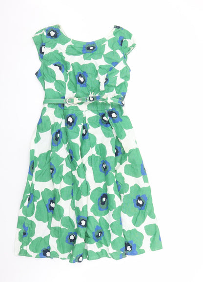 Per Una Womens Green Floral Flax Fit & Flare Size 12 Round Neck Zip - Belted