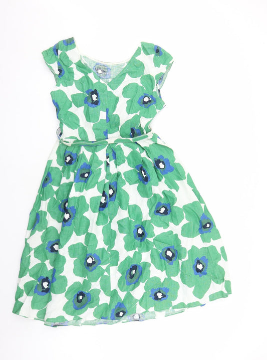 Per Una Womens Green Floral Flax Fit & Flare Size 12 Round Neck Zip - Belted